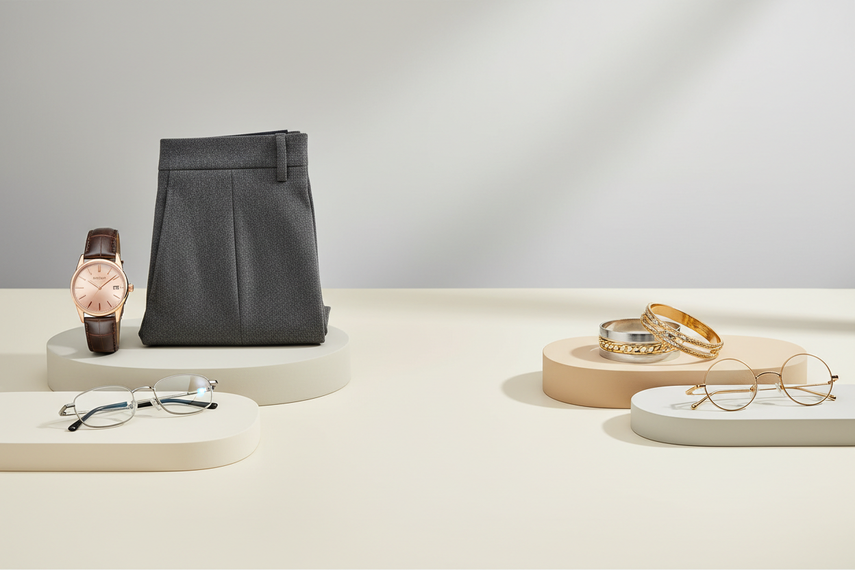 A premium e-commerce website hero banner for a fashion and accessories brand. Men’s luxury wristwatch, elegant women’s bracelets, modern men’s pants, and stylish spectacles arranged together in a balanced, high-end composition. Clean minimal background with soft neutral tones. Professional studio lighting, realistic shadows, luxury fashion mood. Wide landscape banner with empty space in the center for adding “50% OFF” text. Ultra-realistic product photography, 4K quality, Shopify homepage hero section style